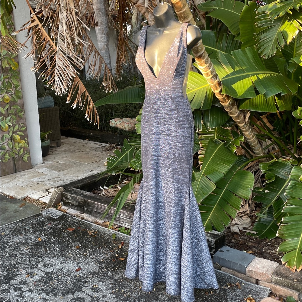 Silver deep cut mesh insert formal gown View 2